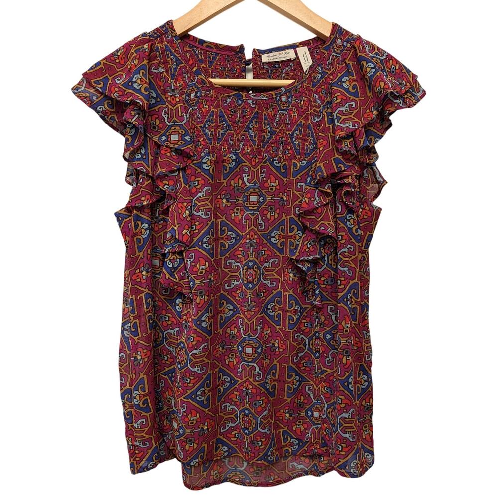 Meadow Rue by Anthropologie‎ Majolica Blouse Red Geometric Print Ruffle Sleeve